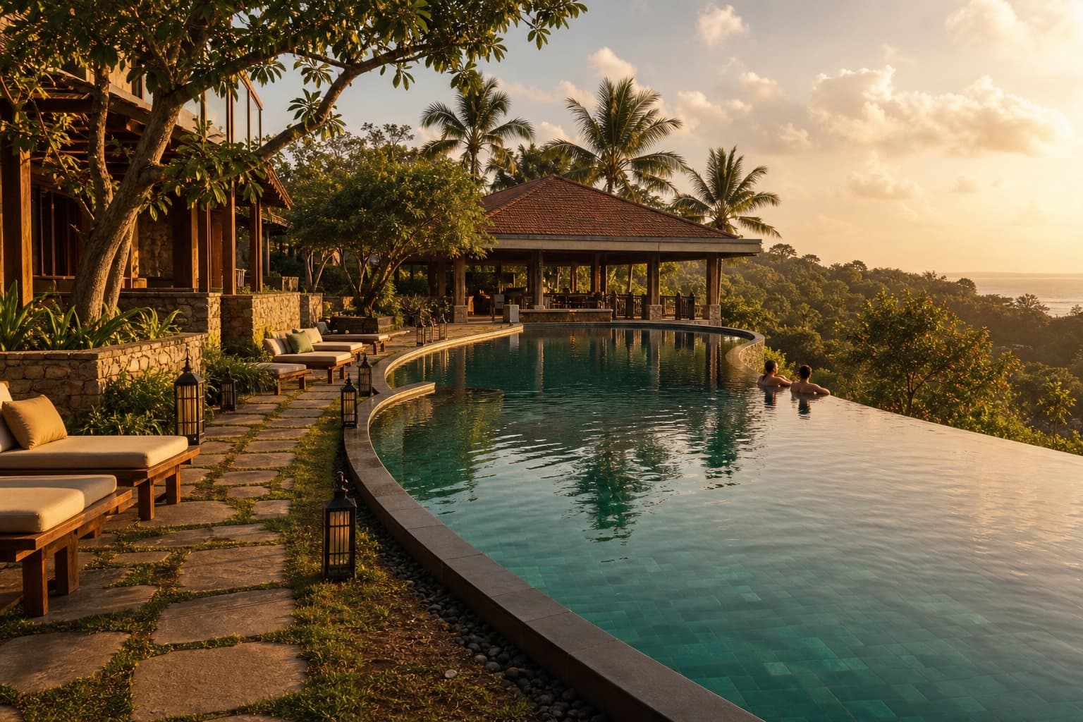 A destination resort pool and landscape at golden hour