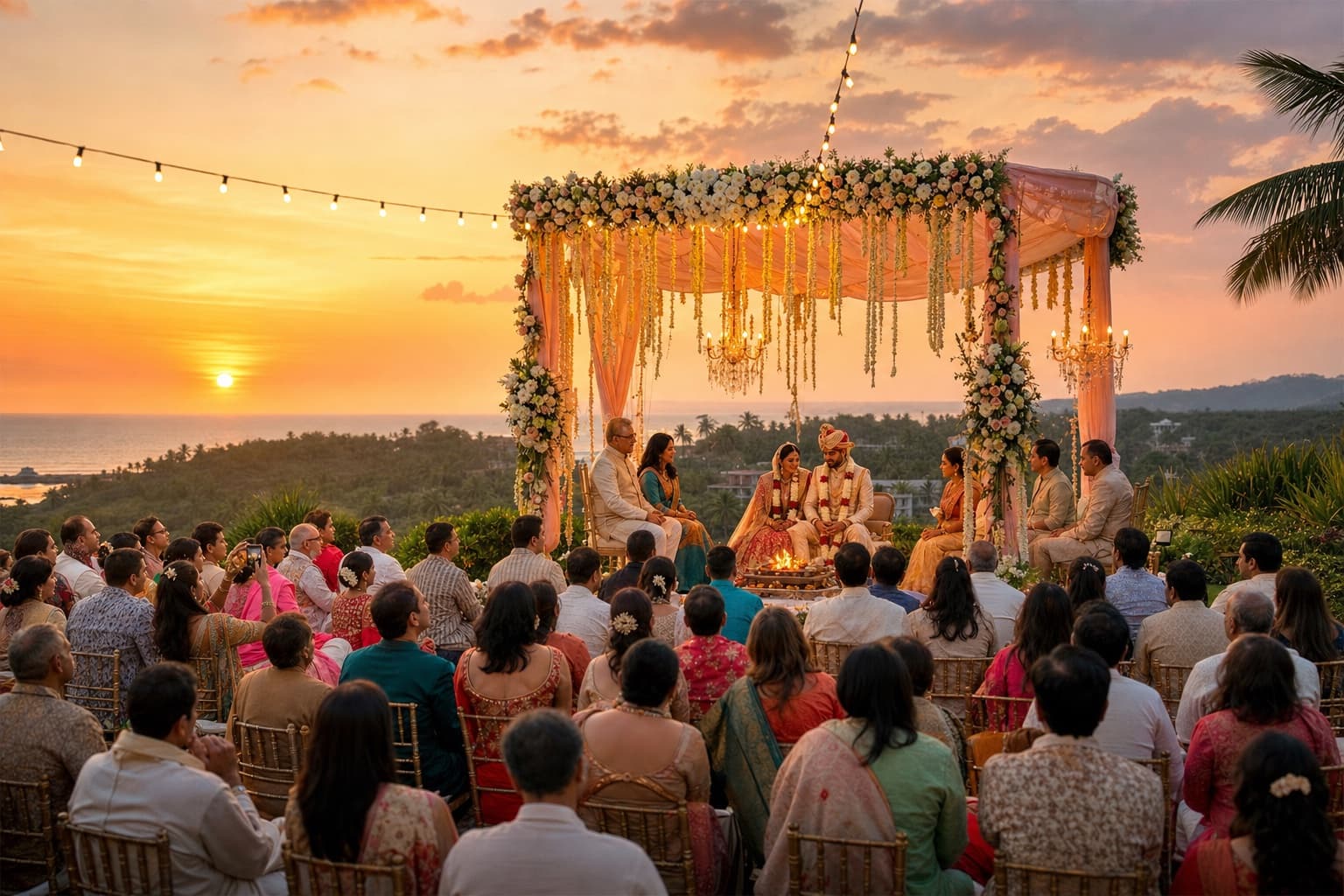 An Indian wedding ceremony taking place beneath a floral mandap at sunset