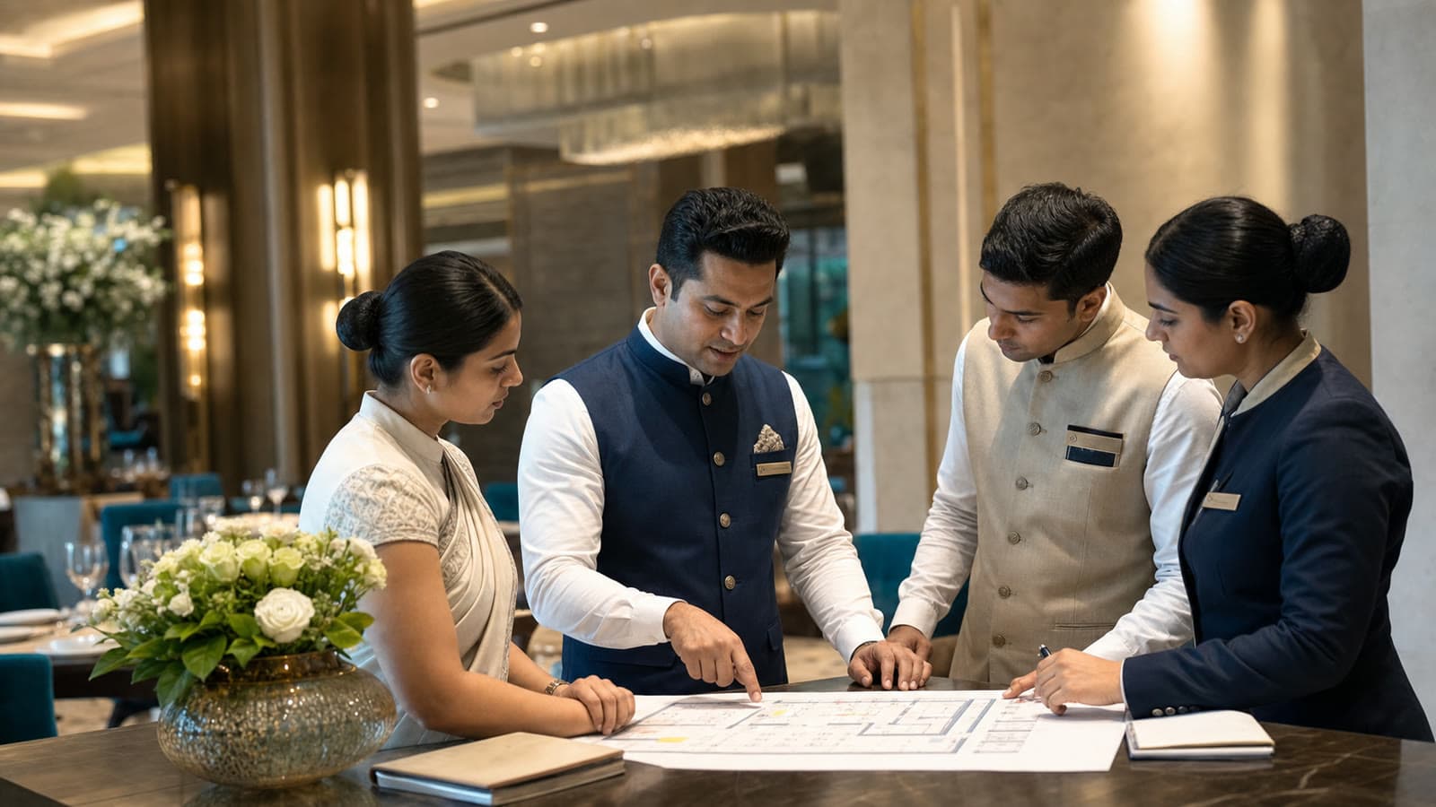 Hospitality managers planning staffing around a venue floor plan