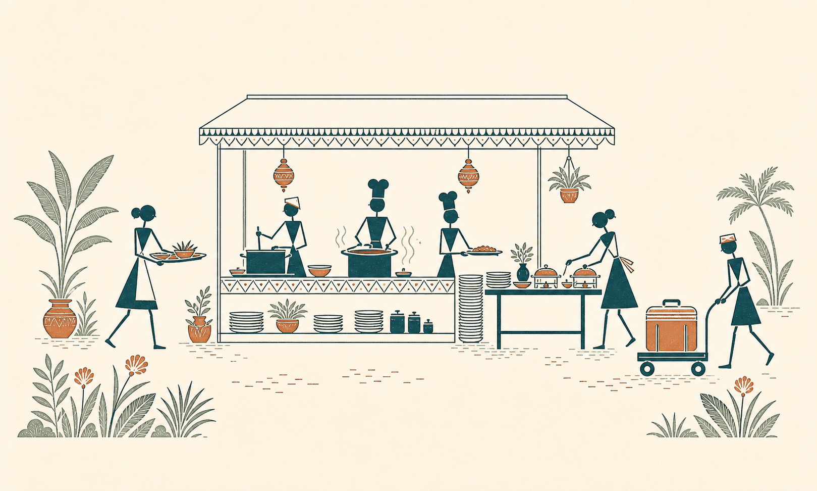 Warli-inspired illustration of a catering team preparing and serving food