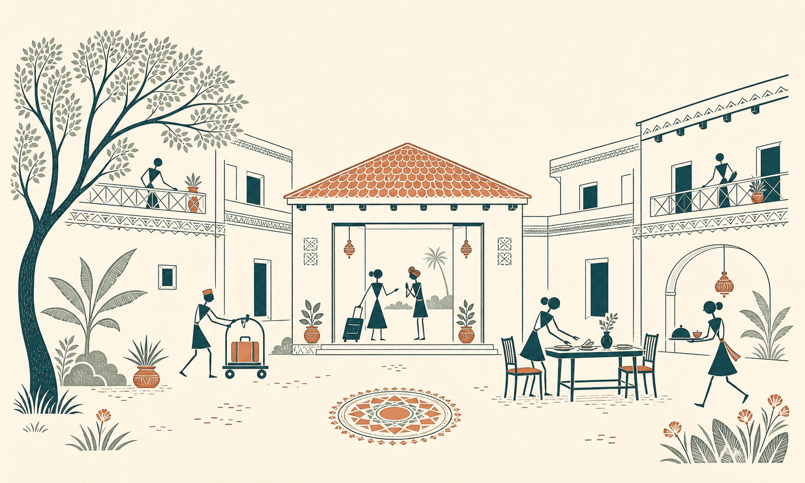 Warli-inspired illustration of a hotel courtyard with guest and dining service