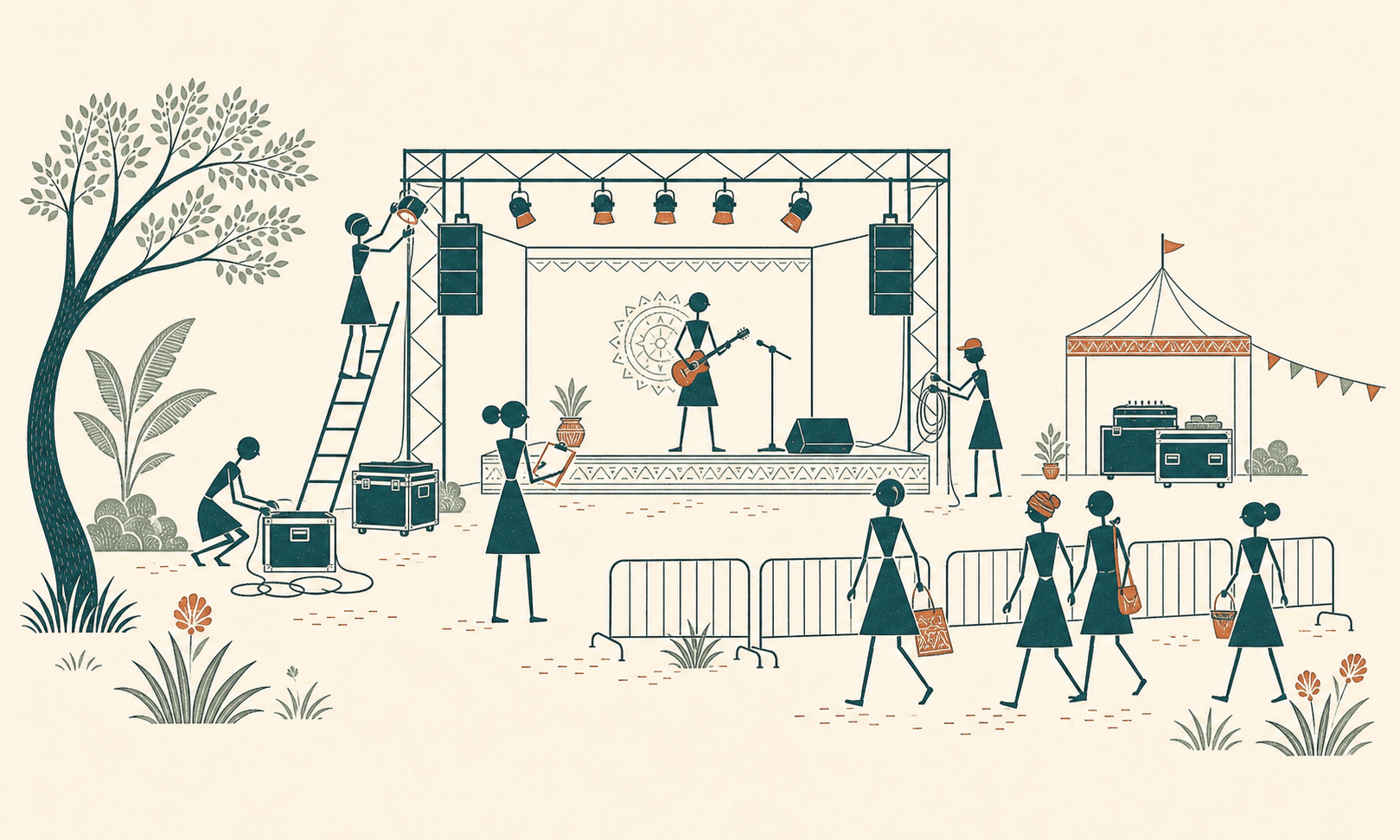 Warli-inspired illustration of a concert crew preparing a live event