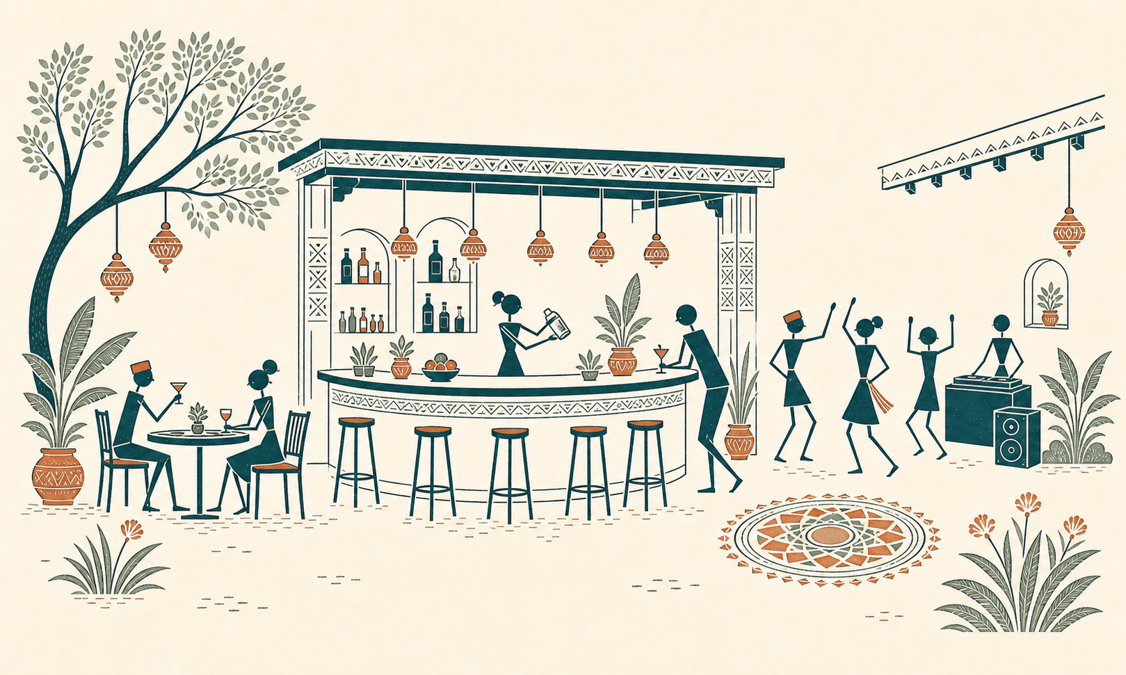 Warli-inspired illustration of a bar with drinks, dancing, and service