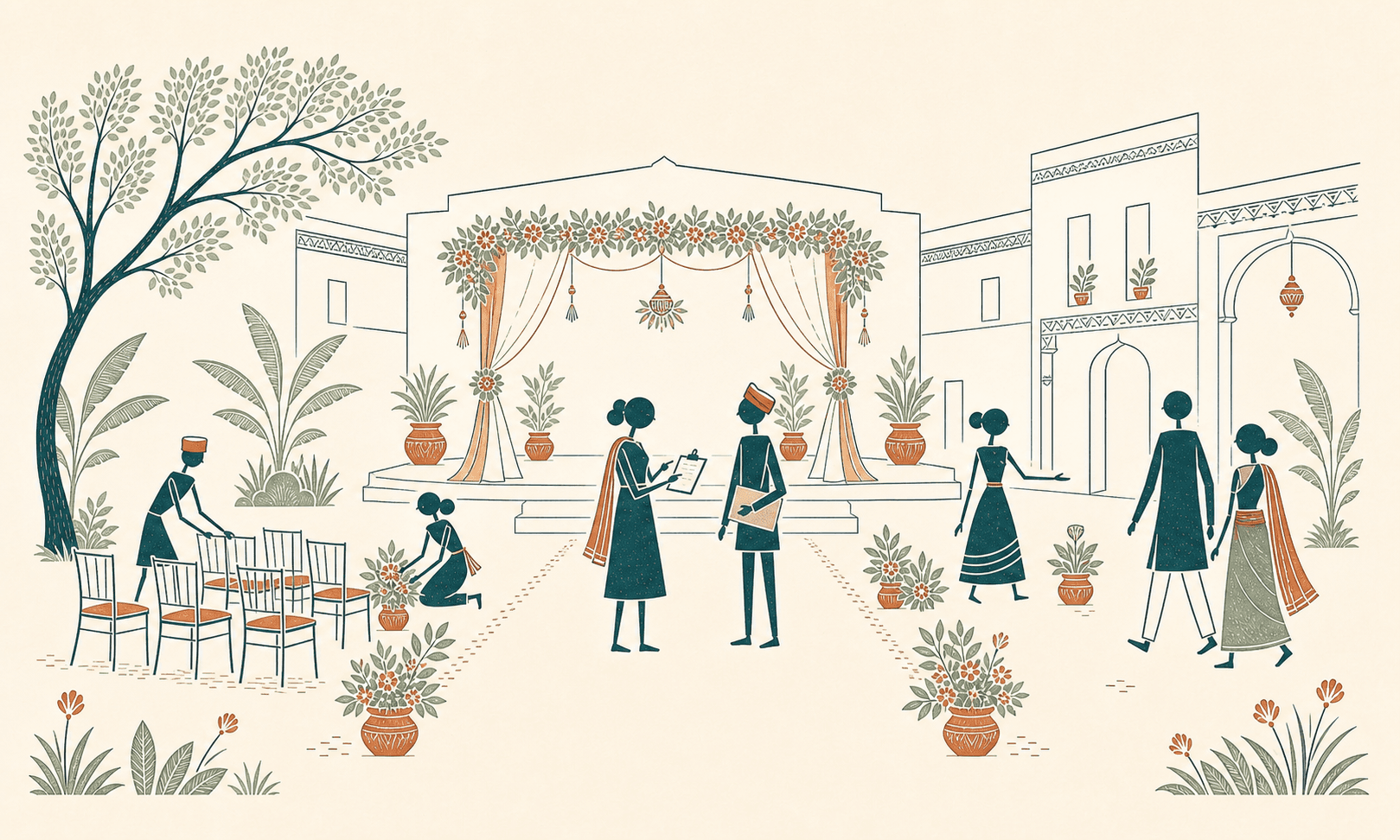 Warli-inspired illustration of a wedding venue and its coordinating team