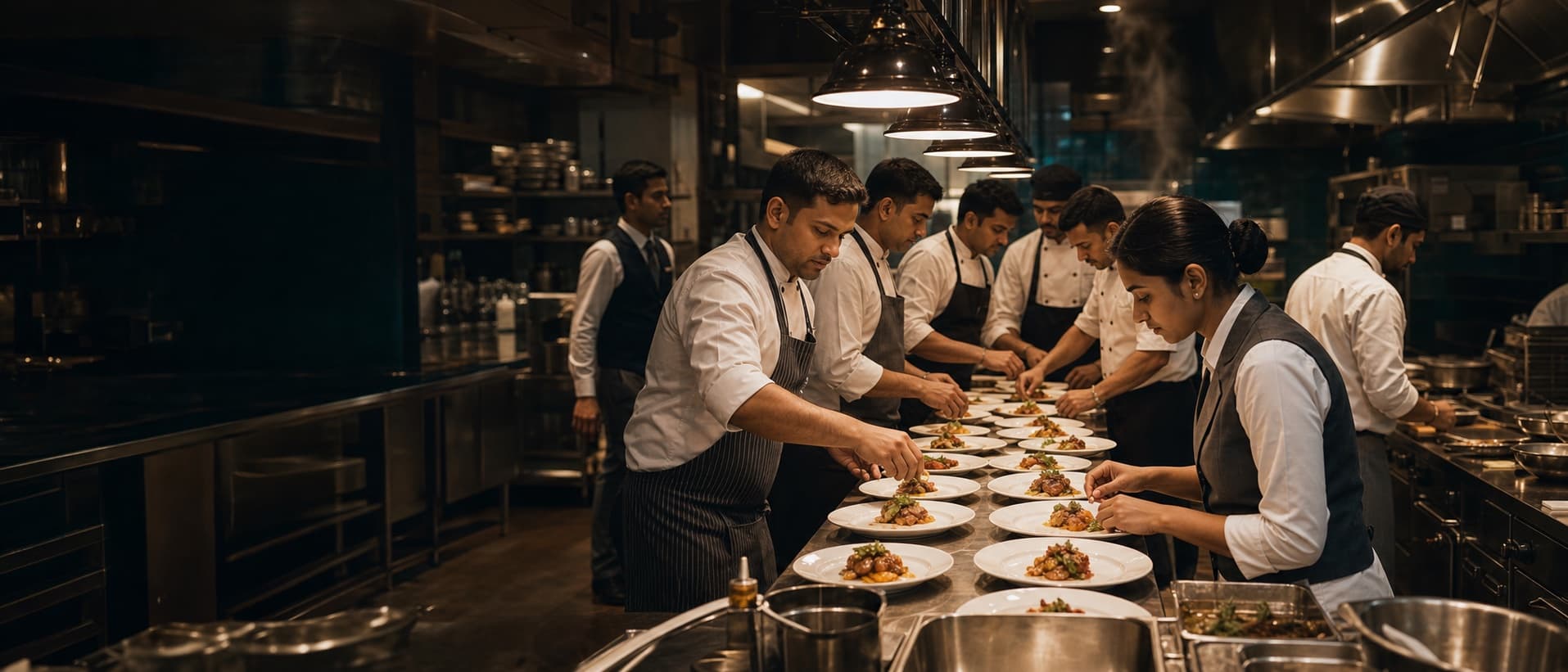 A catering team preparing dishes for service
