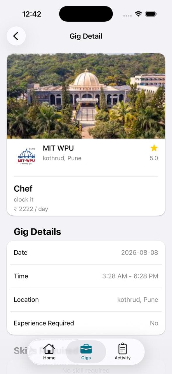 CrewHouse Gig Detail screen showing venue, date, time, location, and compensation
