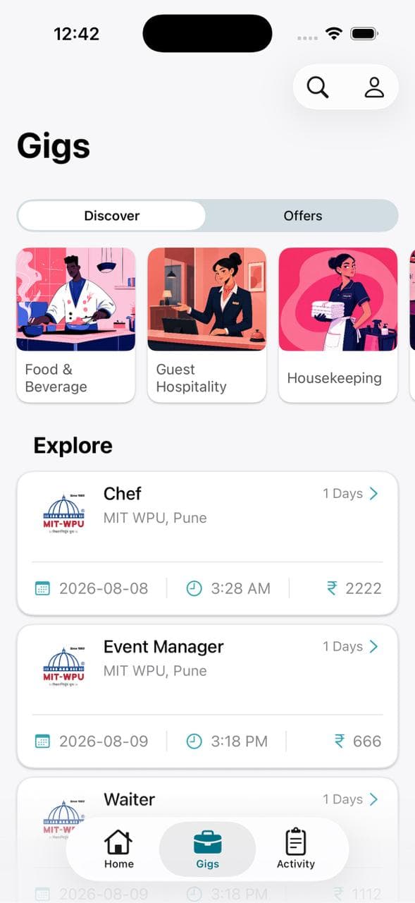 CrewHouse Gigs screen showing hospitality categories and available gigs