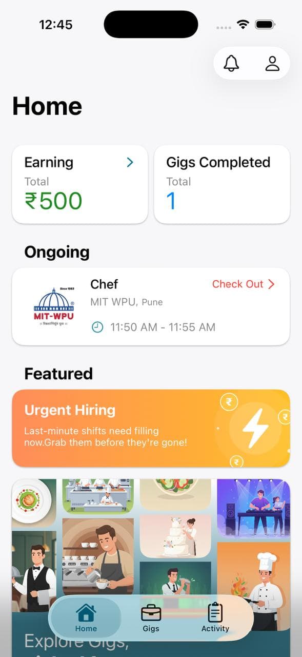 CrewHouse Home screen showing earnings, completed gigs, ongoing work, and featured opportunities