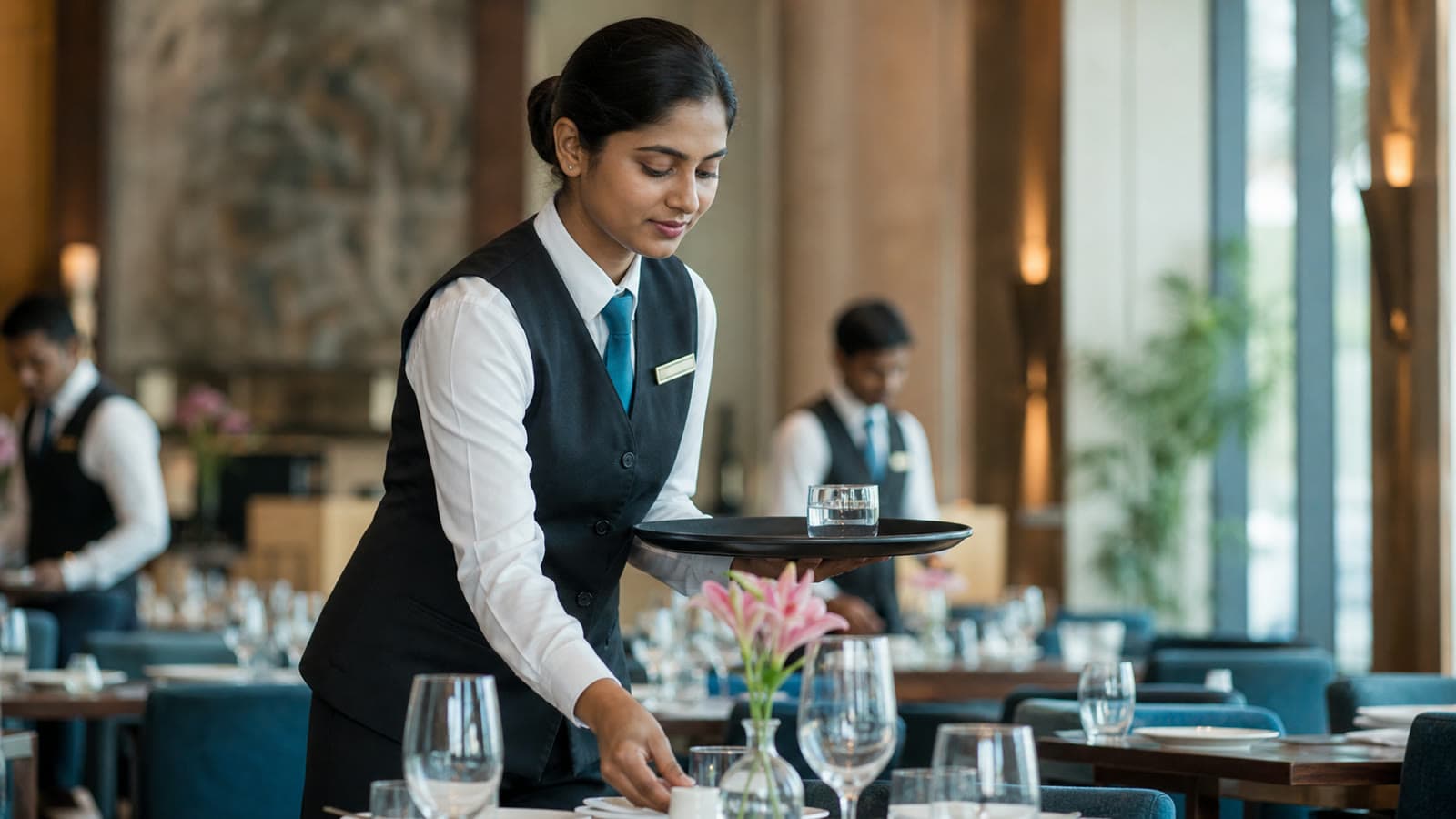 Hospitality professional preparing a restaurant before service