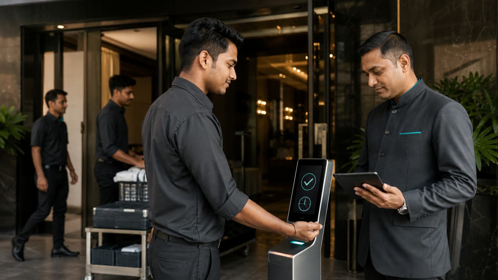 Event crew member checking in while a supervisor confirms attendance