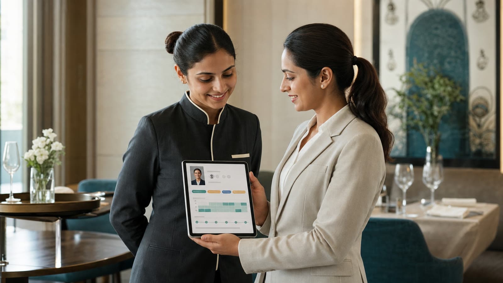 Hospitality professional reviewing a structured work profile with a coordinator