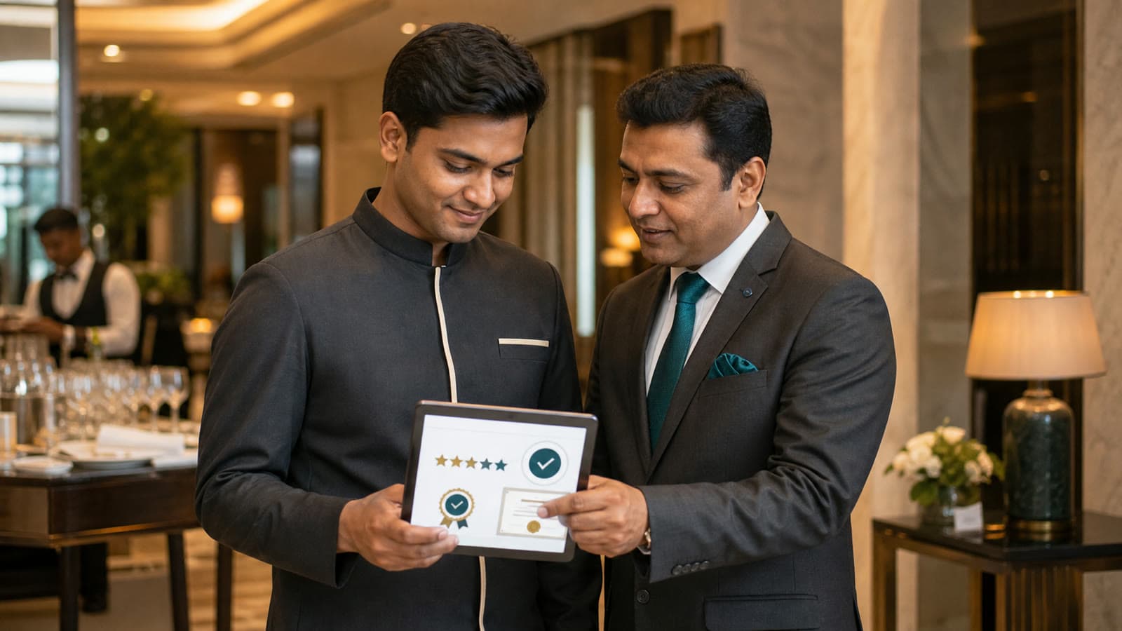 Hospitality worker reviewing earned feedback and certification with a supervisor